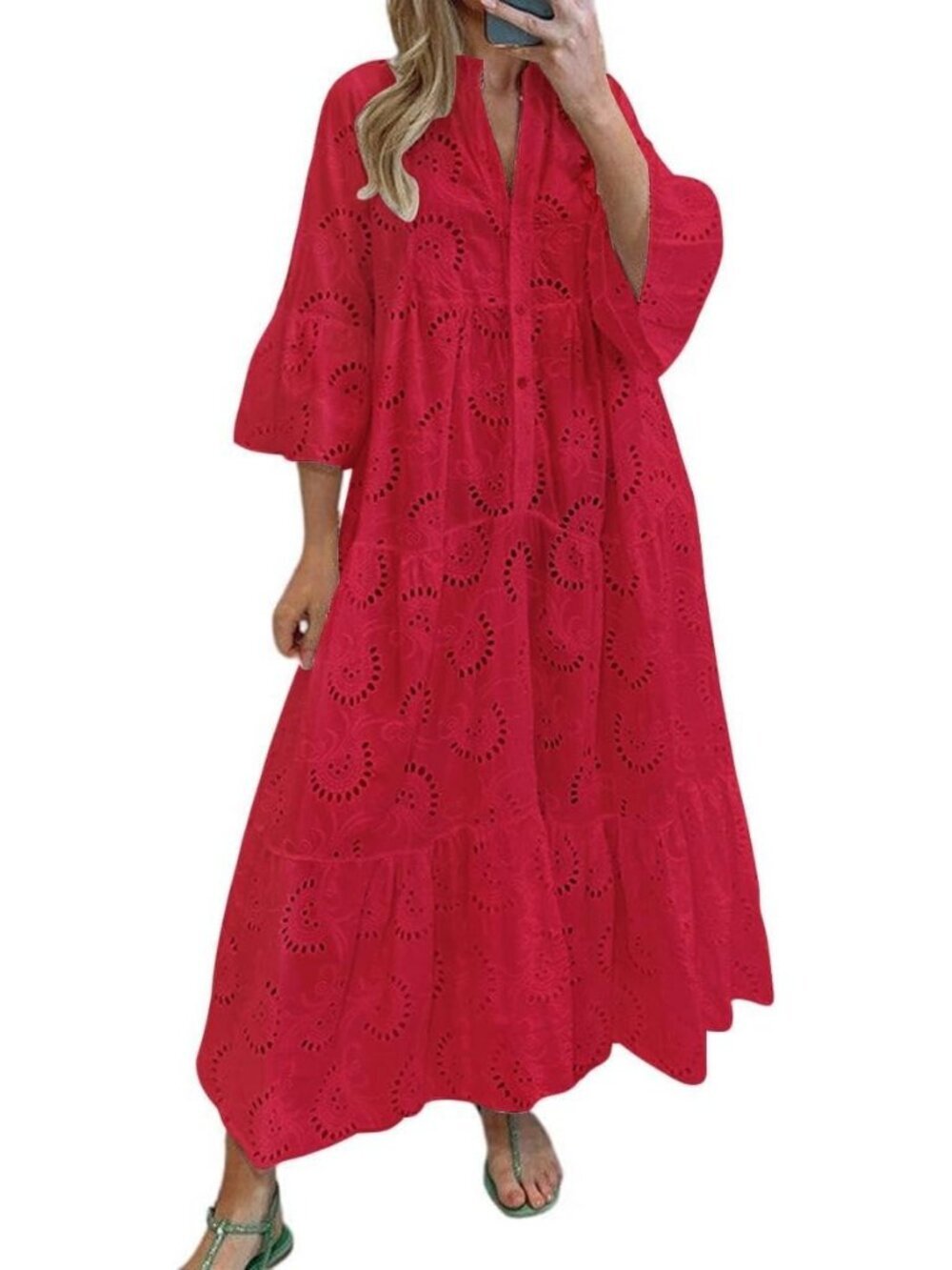 Women's Lace Eyelet Embroidery Maxi Dress V-Neck Red Trumpet Sleeve Flowy